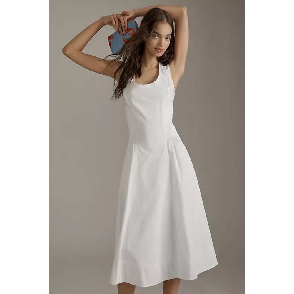 Anthropologie White Pleated A-Line Midi Dress Sleeveless Scoop Neck Size XS